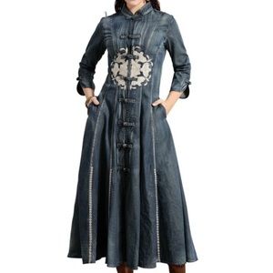 Women Embroidery Floral Dress Button Vintage Denim Patchwork Autumn ChineseStyle